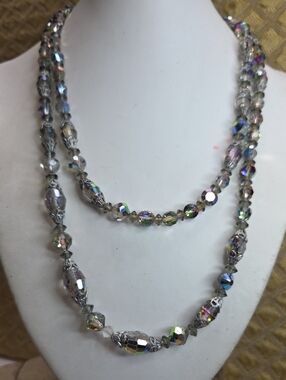 Vintage Crystal Aurora Faceted Bead Long 38" Necklace - Silver Tone